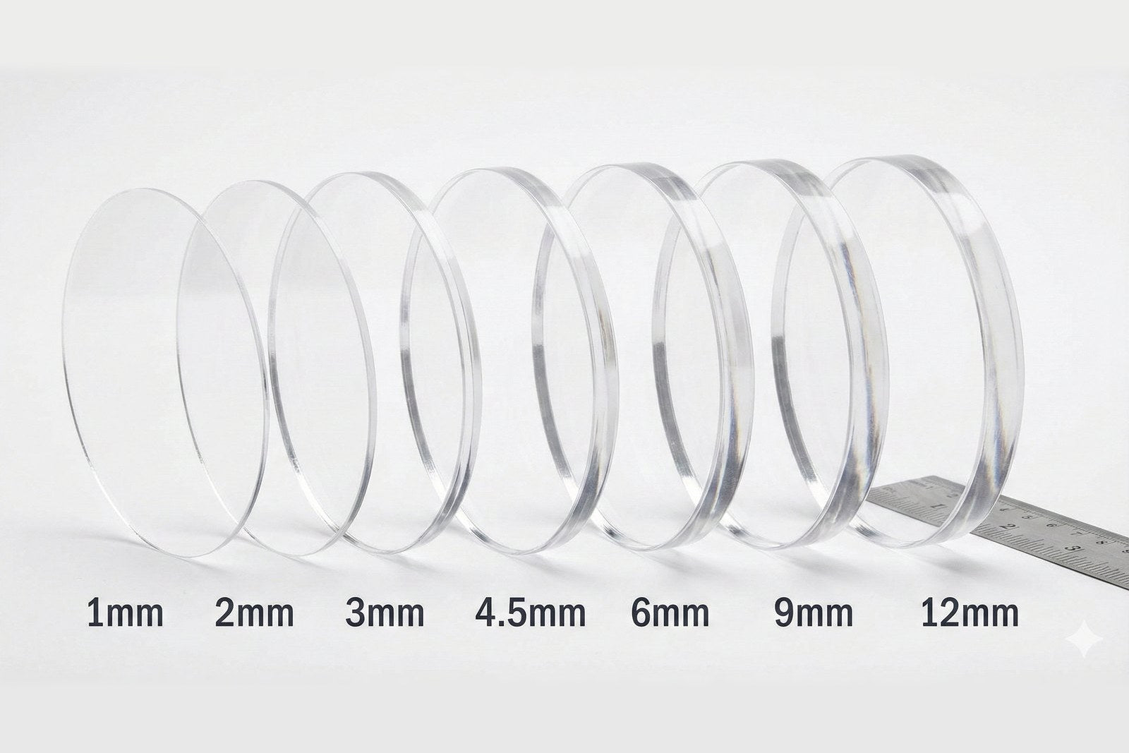 Seven clear acrylic discs standing in a row, from 1 mm to 12 mm thick, beside a steel rule