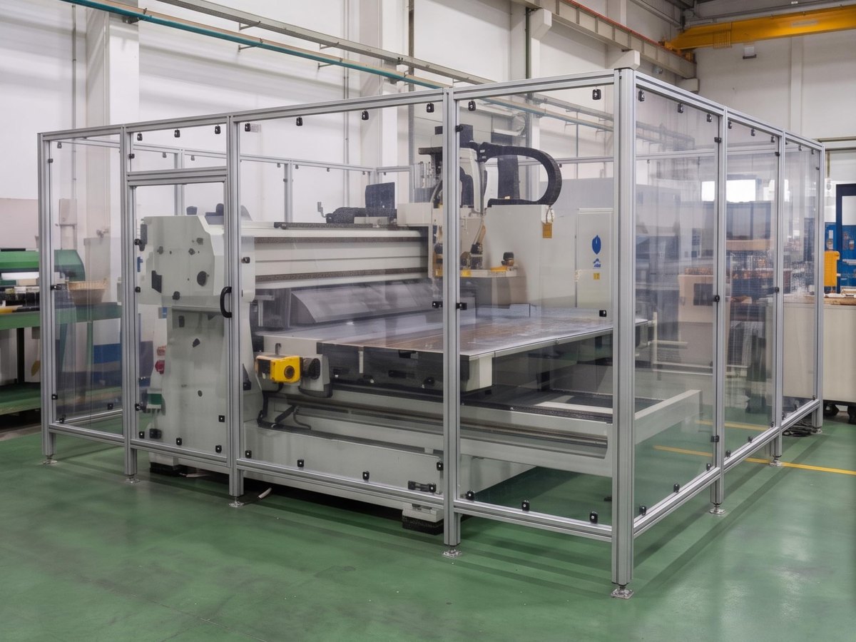 A machine guard enclosure built from clear polycarbonate panels
