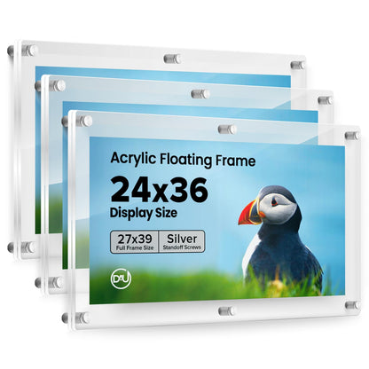 Frameless Floating Acrylic Frame 24"x36" (3 Pack)-Clear Picture Frame for Diploma,Wall Art,Photo, & Paintings, Heavy Duty Acrylic Floating Frames, Wall-Mounted Picture Frames, Rectangular Photo Holder