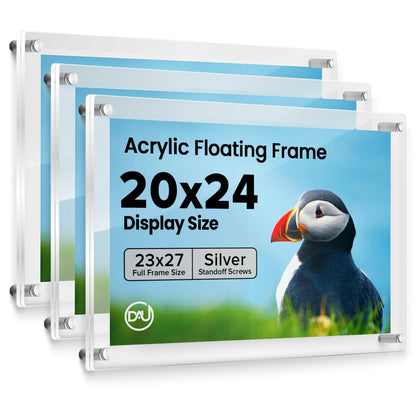 Frameless Floating Acrylic Frame 20"x24" (3 Pack)-Clear Picture Frame for Diploma,Wall Art,Photo, & Paintings, Heavy Duty Acrylic Floating Frames, Wall-Mounted Picture Frames, Rectangular Photo Holder