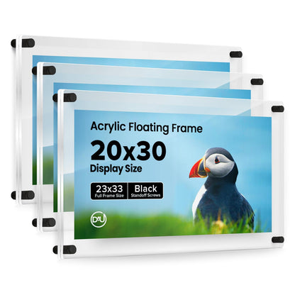 Acrylic Floating Frames Black Standoffs(3-Pack) 20" x 30" Clear Acrylic Frames for Wall Mount Floating Picture Frame, Diploma Poster Certificate Hanging Photo Display Degree Prints Artwork Documents