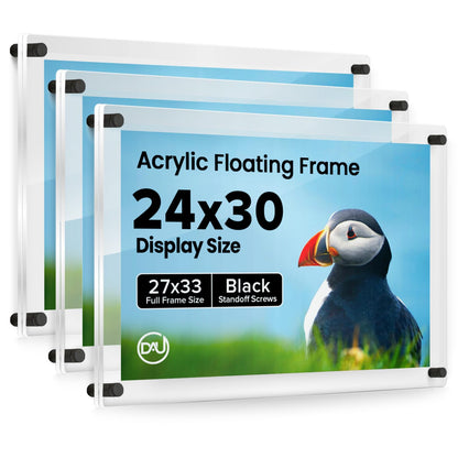 Acrylic Floating Frames Black Standoffs(3-Pack) 24" x 30" Clear Acrylic Frames for Wall Mount Floating Picture Frame, Diploma Poster Certificate Hanging Photo Display Degree Prints Artwork Documents