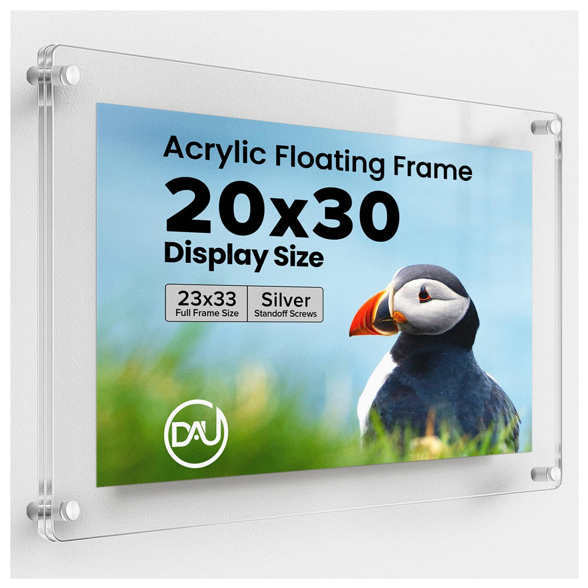 Acrylic Floating Frames Silver Standoffs (single) 20" x 30" Clear Acrylic Frames for Wall Mount Floating Picture Frame, Diploma Poster Certificate Hanging Photo Display Degree Prints Artwork Documents