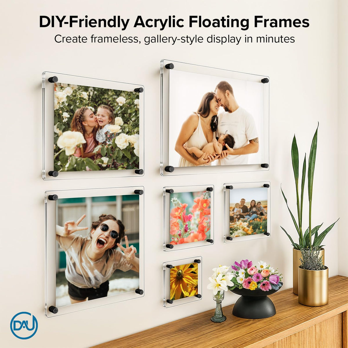 Clear Acrylic Wall Mount Floating Frameless Picture Frame (16 Sizes, 4 Standoff Colours) - 2