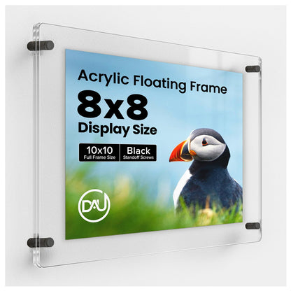 Acrylic Floating Frames Black Standoffs(single) 8" x 8" Clear Acrylic Frames for Wall Mount Floating Picture Frame, Diploma Poster Certificate Hanging Photo Display Degree Prints Artwork Documents
