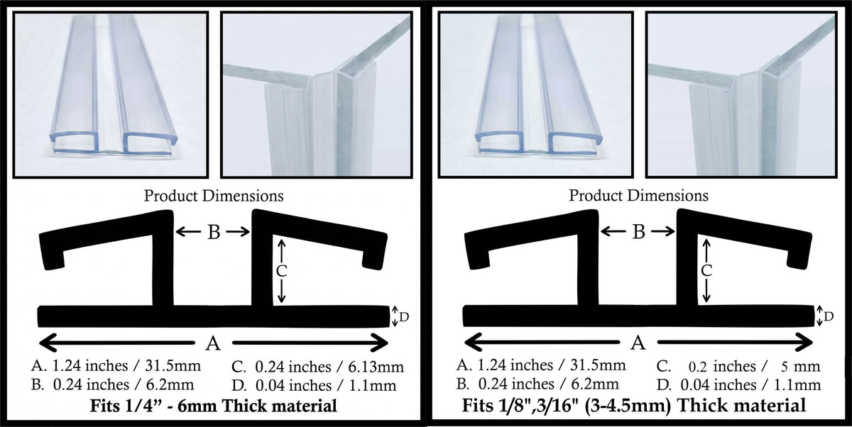 Clear PVC Piano Style Living Hinge - product dimensions for the 6 mm hinge (left) and the 3-4.5 mm hinge (right)