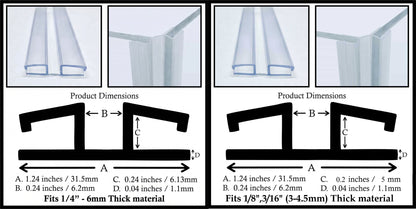 Clear PVC Piano Style Living Hinge - product dimensions for the 6 mm hinge (left) and the 3-4.5 mm hinge (right)