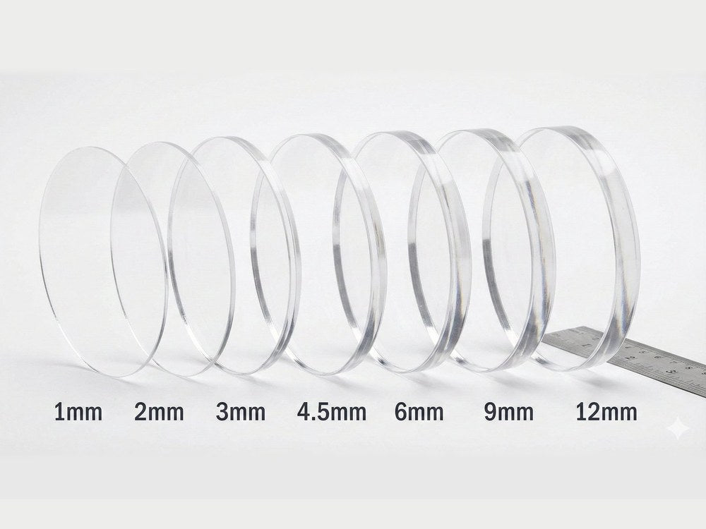 Seven clear acrylic discs standing in a row, from 1 mm to 12 mm thick