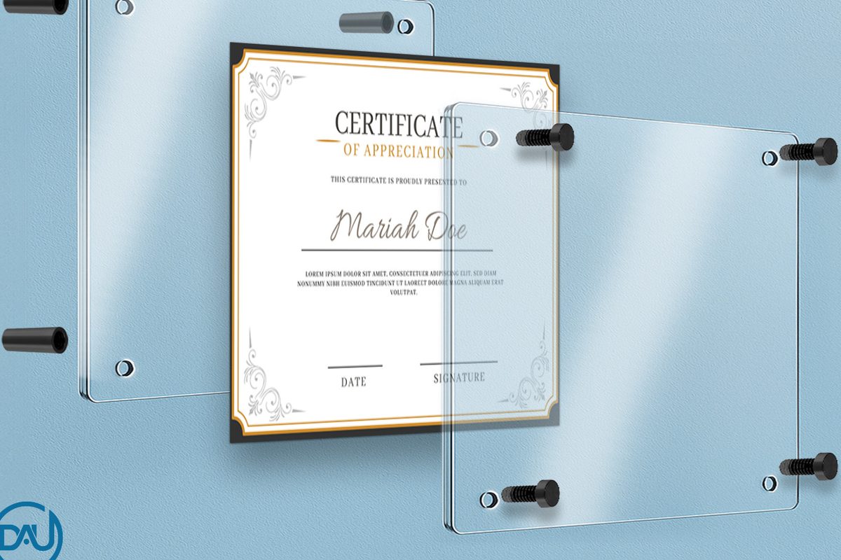 The two acrylic panels of a floating frame shown apart, with a certificate between them