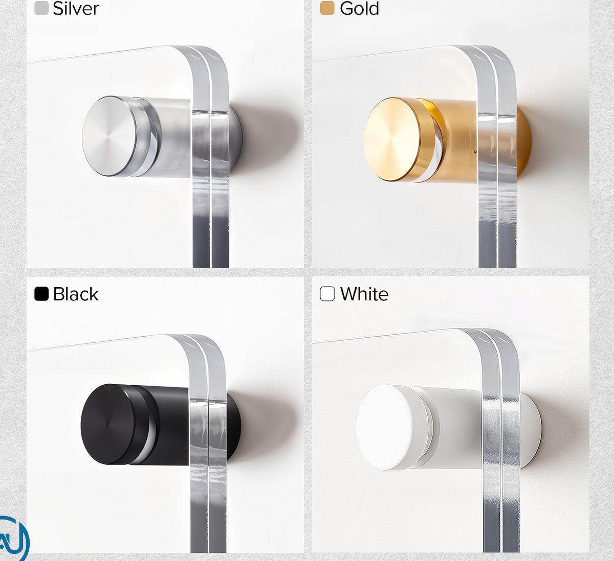 Close-ups of silver, gold, black and white standoff caps on a clear acrylic frame