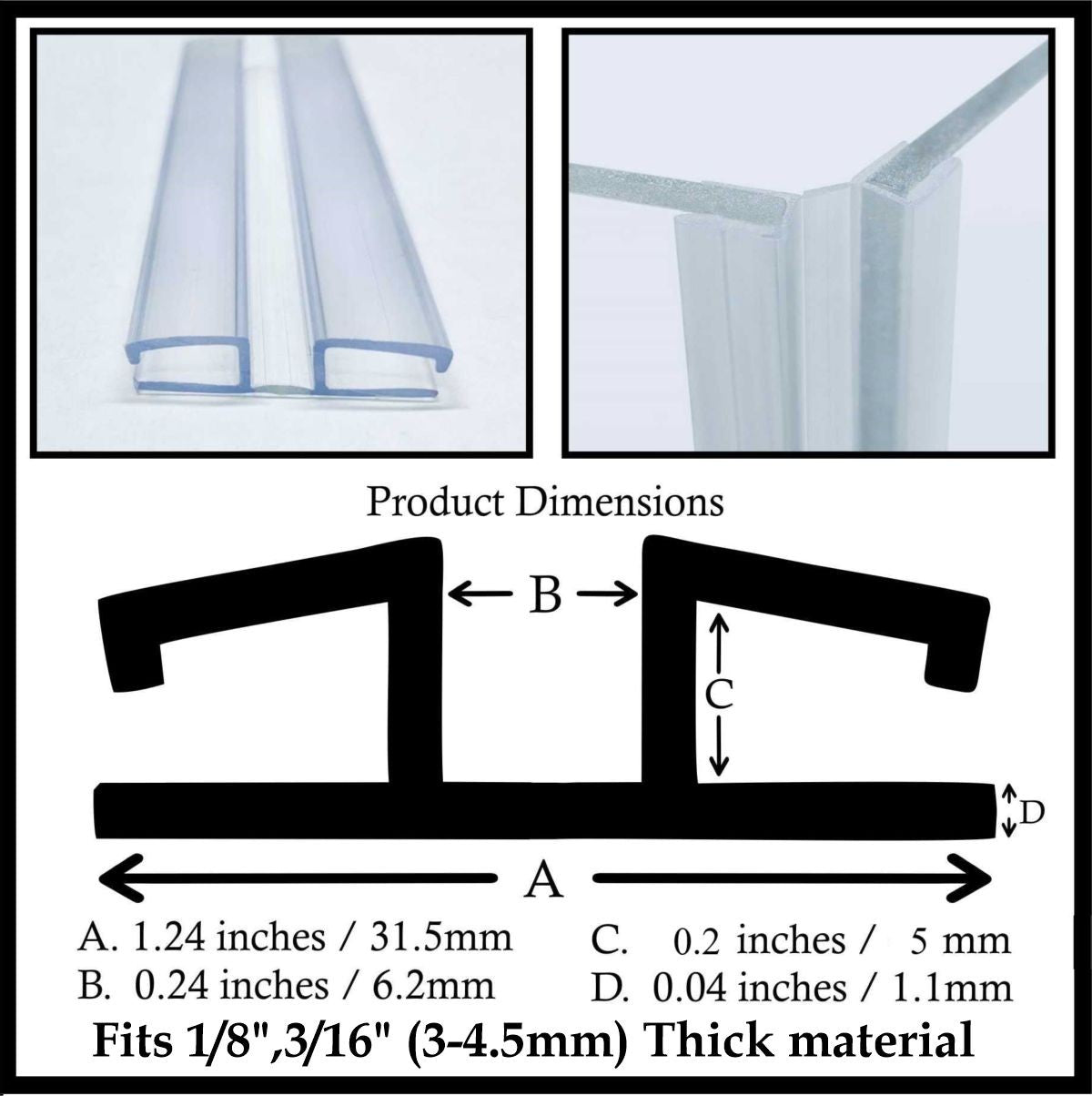 Cross-section diagram of the hinge for 3 to 4.5 mm panels with its dimensions