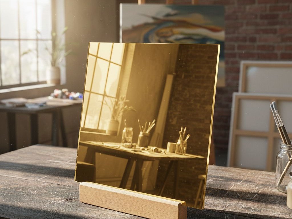 A gold mirror acrylic sheet on a wooden stand in an art studio