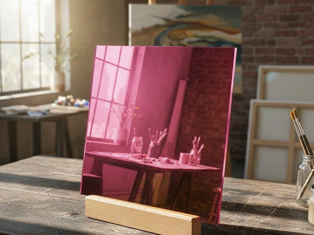 A rose gold mirror acrylic sheet on a wooden stand in an art studio