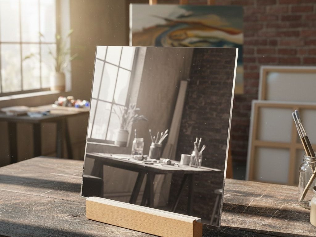 A silver mirror acrylic sheet on a wooden stand in an art studio