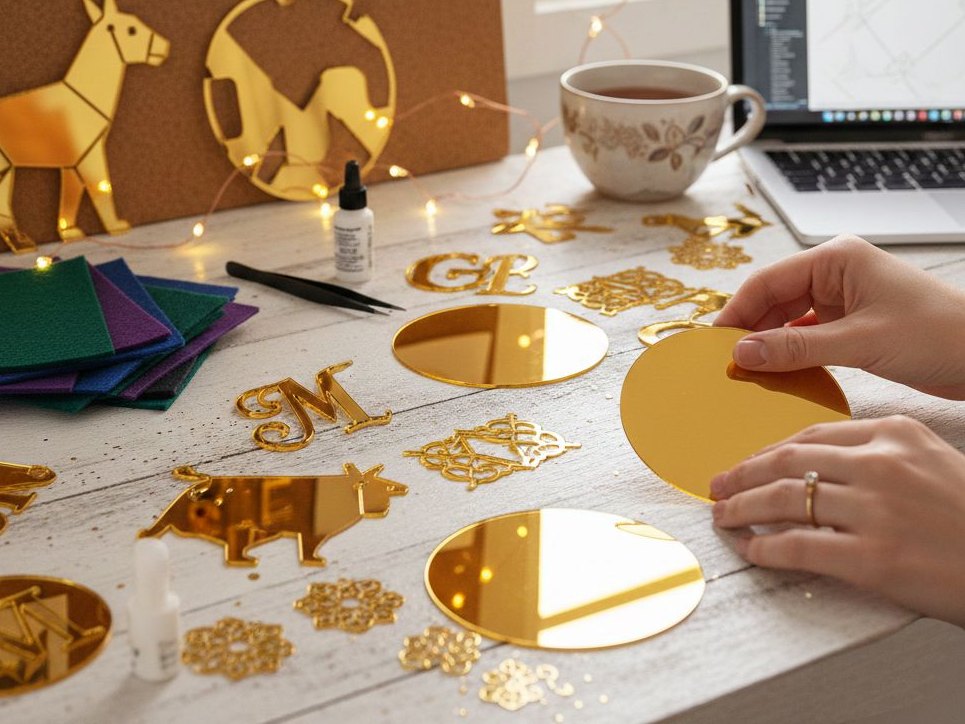Hands arranging laser-cut gold mirror acrylic shapes on a craft desk