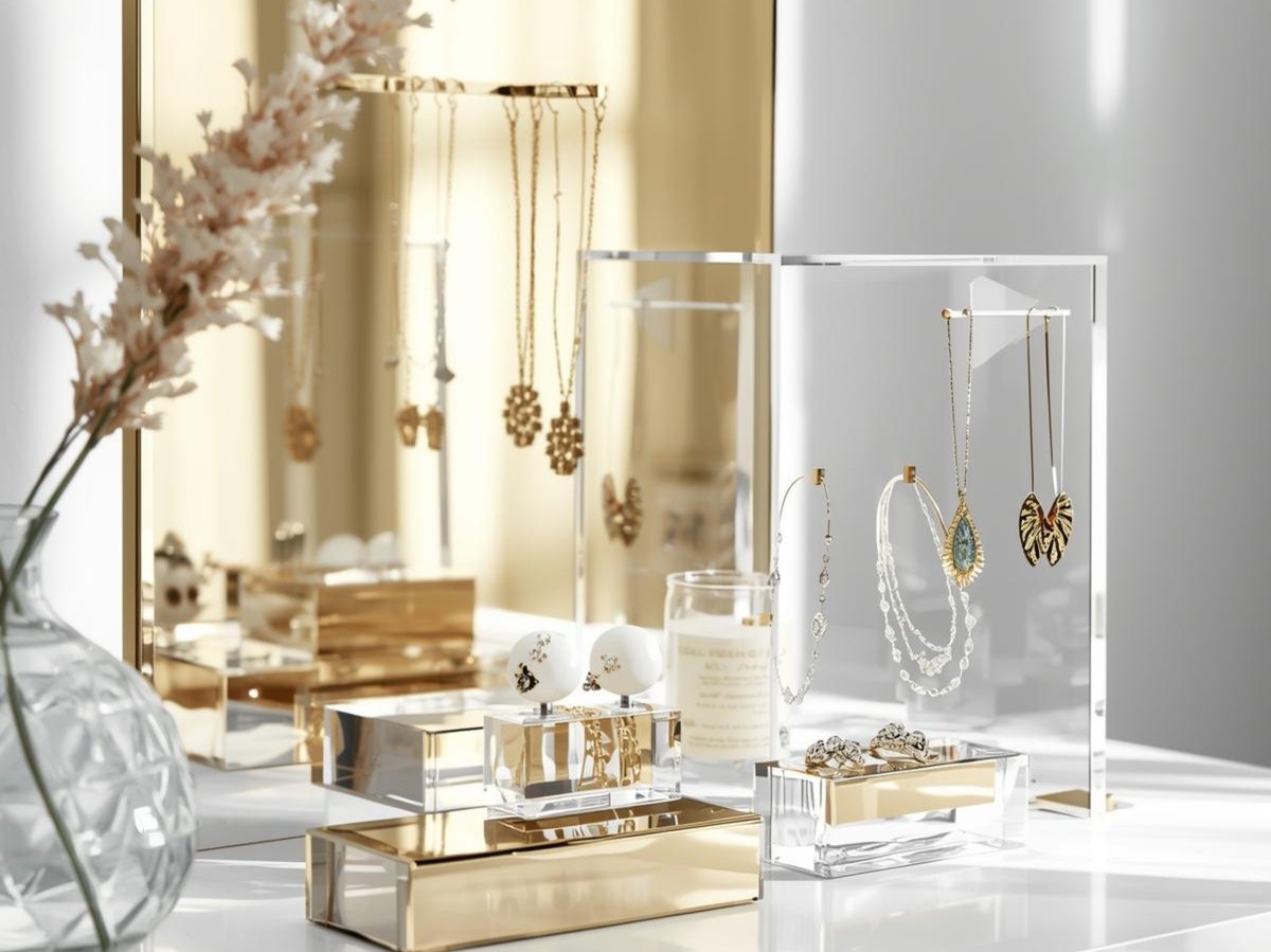 A gold mirror acrylic panel behind a jewellery display on a white counter