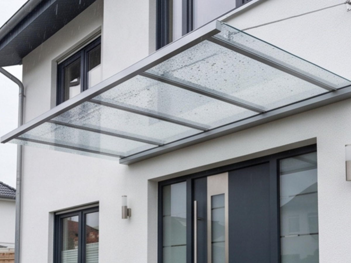 A clear polycarbonate canopy over a front door
