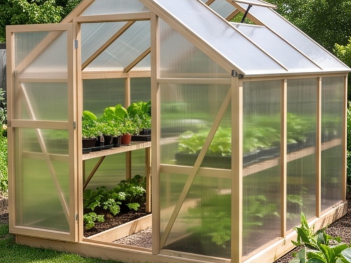 A backyard greenhouse glazed with clear polycarbonate panels