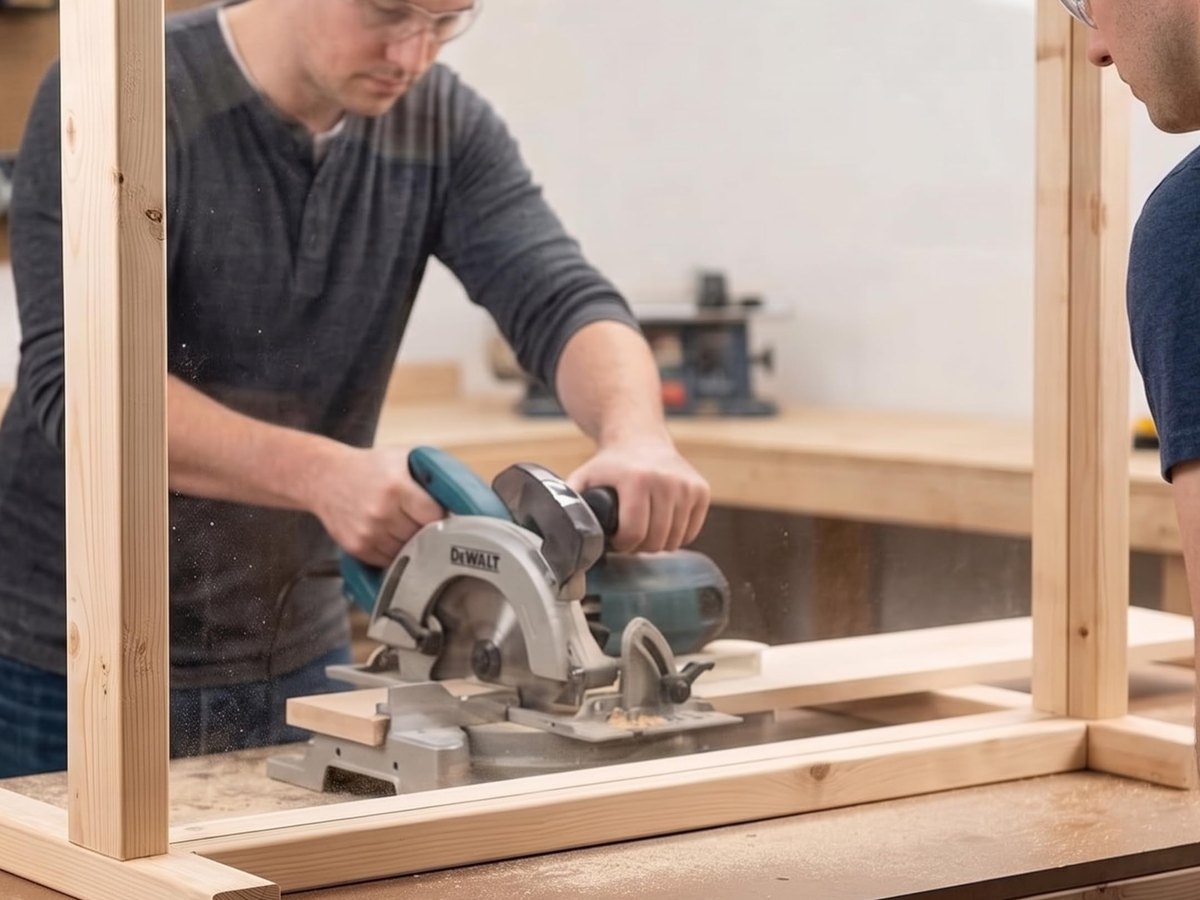 Two people cutting a polycarbonate panel with a circular saw in a workshop